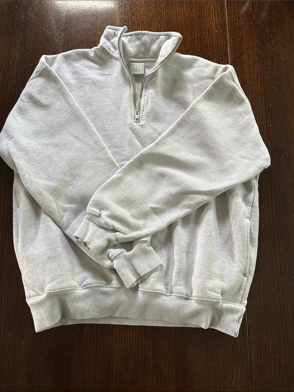 Aritzia TNA Cozy Fleece Quarter-Zip Sweatshirt Ribbed Cuff Hem Gray S Fall 2021
